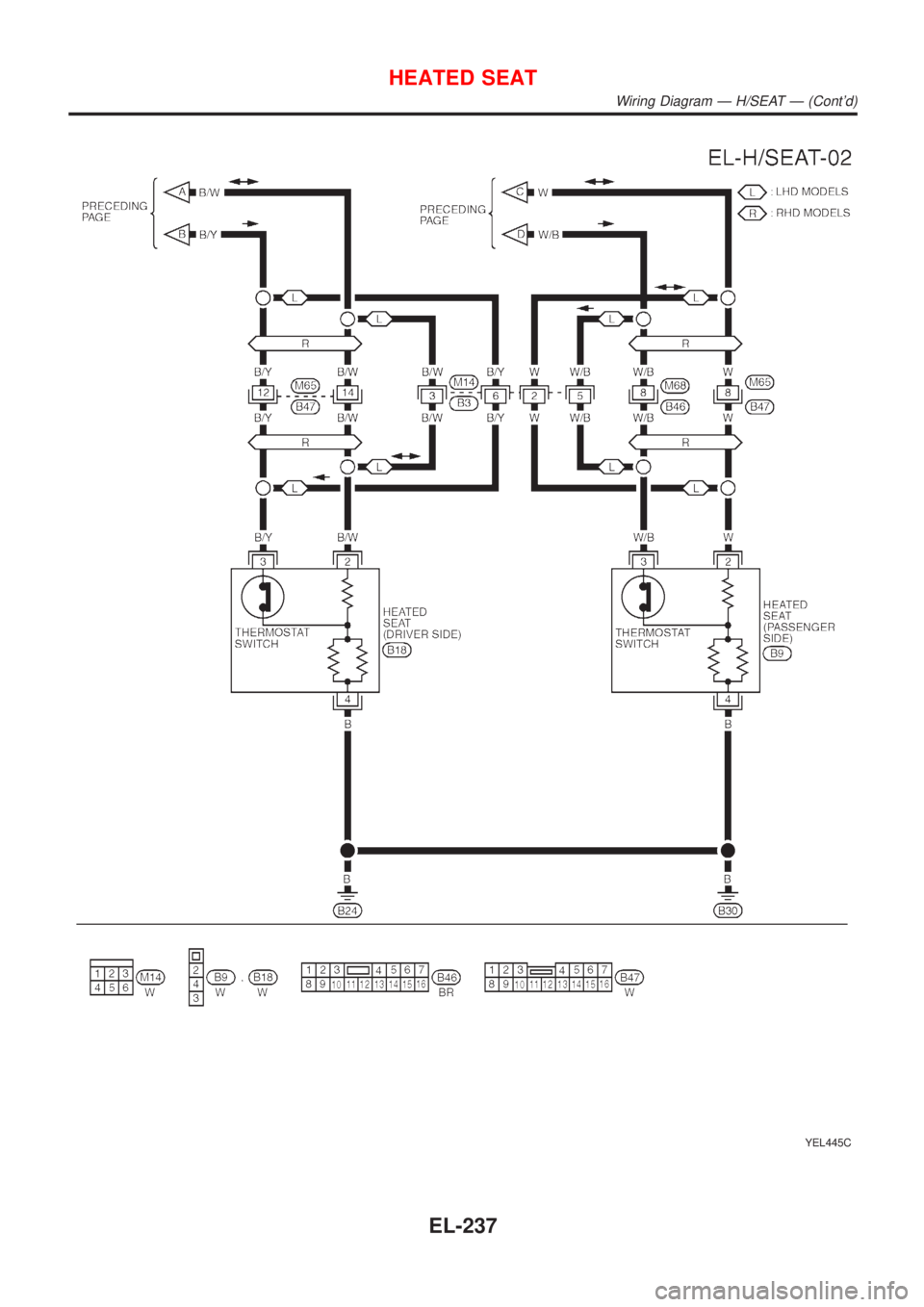 NISSAN ALMERA TINO 2001  Service Repair Manual YEL445C
HEATED SEAT
Wiring Diagram Ð H/SEAT Ð (Contd)
EL-237 