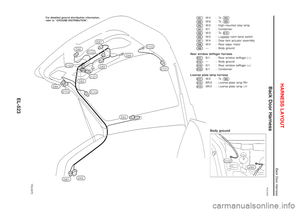 NISSAN ALMERA TINO 2001  Service Repair Manual Back Door HarnessNLEL0492
YEL047C
HARNESS LAYOUT
Back Door Harness
EL-523 