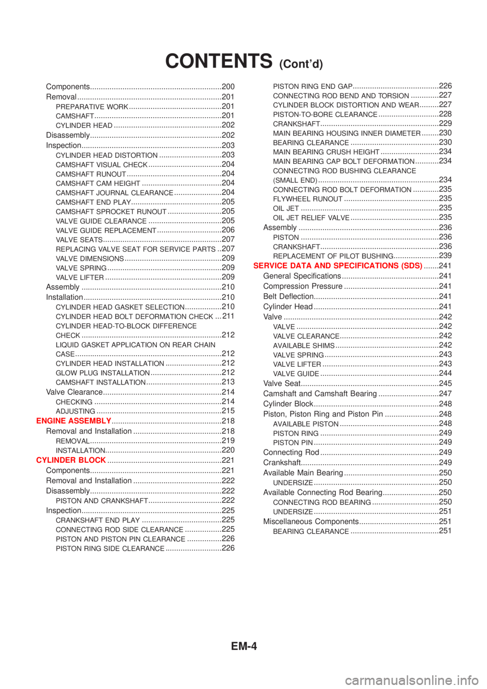 NISSAN ALMERA TINO 2001  Service Repair Manual Components.............................................................200
Removal ...................................................................201
PREPARATIVE WORK..............................