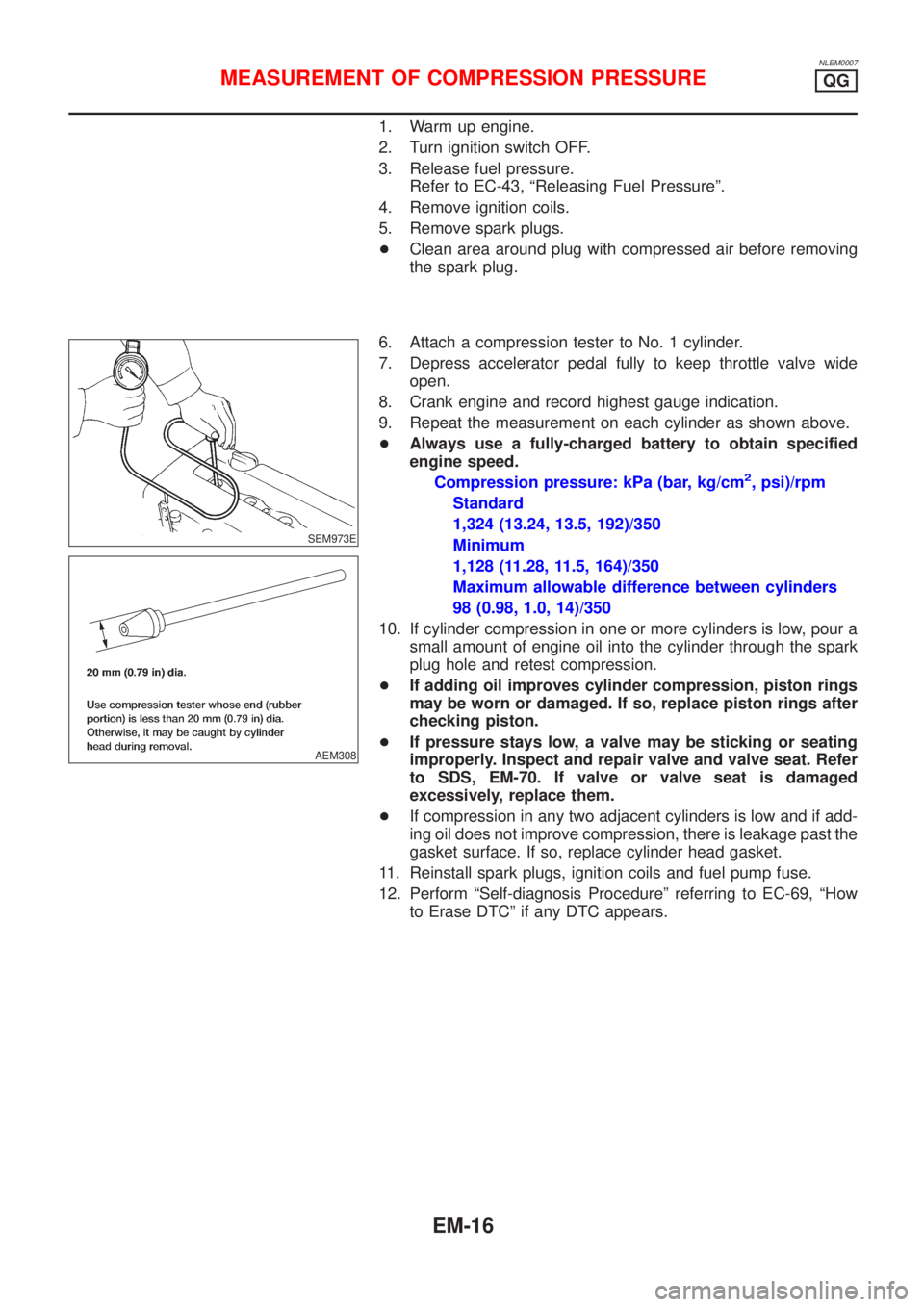 NISSAN ALMERA TINO 2001  Service Repair Manual NLEM0007
1. Warm up engine.
2. Turn ignition switch OFF.
3. Release fuel pressure.
Refer to EC-43, ªReleasing Fuel Pressureº.
4. Remove ignition coils.
5. Remove spark plugs.
+Clean area around plug