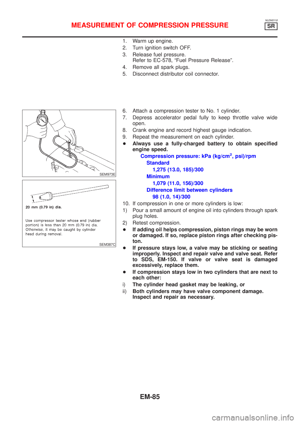 NISSAN ALMERA TINO 2001  Service Repair Manual NLEM0118
1. Warm up engine.
2. Turn ignition switch OFF.
3. Release fuel pressure.
Refer to EC-578, ªFuel Pressure Releaseº.
4. Remove all spark plugs.
5. Disconnect distributor coil connector.
SEM9