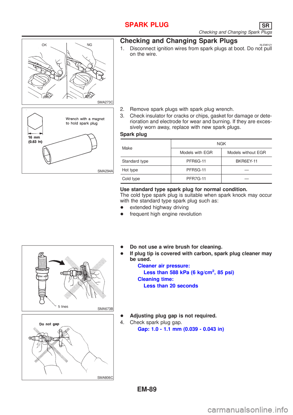NISSAN ALMERA TINO 2001  Service Repair Manual SMA273C
Checking and Changing Spark PlugsNLEM01211. Disconnect ignition wires from spark plugs at boot. Do not pull
on the wire.
SMA294A
2. Remove spark plugs with spark plug wrench.
3. Check insulato