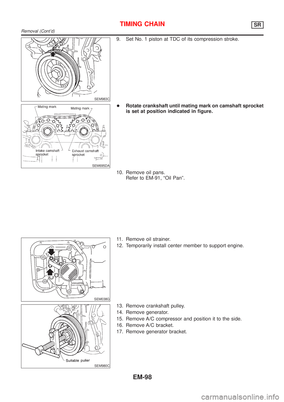 NISSAN ALMERA TINO 2001  Service Repair Manual SEM983C
9. Set No. 1 piston at TDC of its compression stroke.
SEM695DA
+Rotate crankshaft until mating mark on camshaft sprocket
is set at position indicated in figure.
10. Remove oil pans.
Refer to E