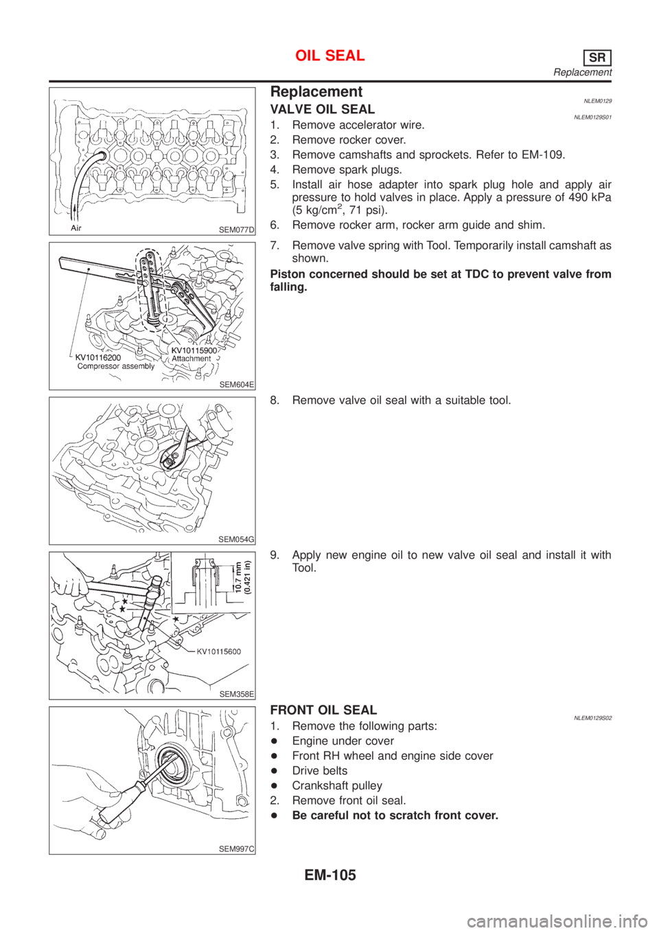 NISSAN ALMERA TINO 2001  Service Repair Manual SEM077D
ReplacementNLEM0129VALVE OIL SEALNLEM0129S011. Remove accelerator wire.
2. Remove rocker cover.
3. Remove camshafts and sprockets. Refer to EM-109.
4. Remove spark plugs.
5. Install air hose a