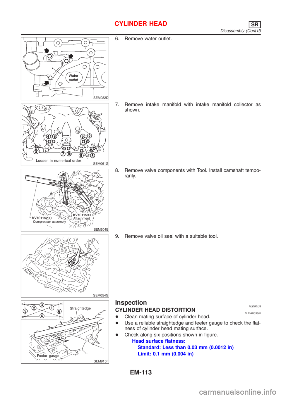 NISSAN ALMERA TINO 2001  Service Repair Manual SEM082D
6. Remove water outlet.
SEM061G
7. Remove intake manifold with intake manifold collector as
shown.
SEM604E
8. Remove valve components with Tool. Install camshaft tempo-
rarily.
SEM054G
9. Remo