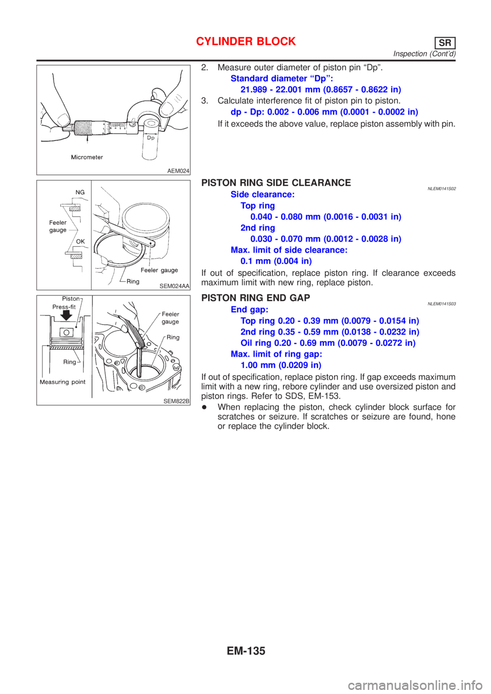NISSAN ALMERA TINO 2001 Service Repair Manual AEM024
2. Measure outer diameter of piston pin ªDpº.
Standard diameter ªDpº:
21.989 - 22.001 mm (0.8657 - 0.8622 in)
3. Calculate interference fit of piston pin to piston.
dp - Dp: 0.002 - 0.006 m NISSAN ALMERA TINO 2001 Service Repair Manual AEM024
2. Measure outer diameter of piston pin ªDpº.
Standard diameter ªDpº:
21.989 - 22.001 mm (0.8657 - 0.8622 in)
3. Calculate interference fit of piston pin to piston.
dp - Dp: 0.002 - 0.006 m