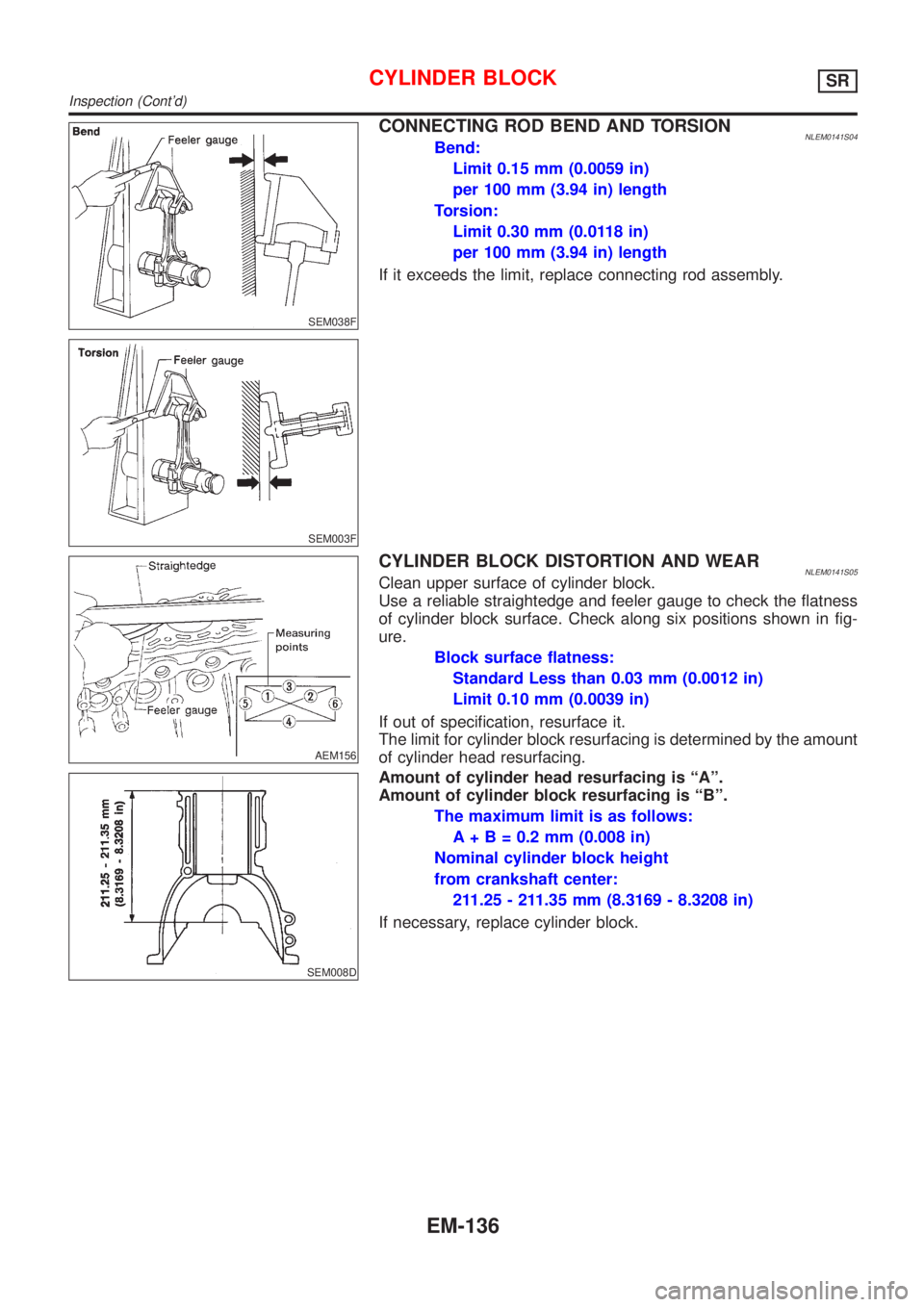 NISSAN ALMERA TINO 2001 Service Repair Manual SEM038F
SEM003F
CONNECTING ROD BEND AND TORSIONNLEM0141S04Bend:
Limit 0.15 mm (0.0059 in)
per 100 mm (3.94 in) length
Torsion:
Limit 0.30 mm (0.0118 in)
per 100 mm (3.94 in) length
If it exceeds the l NISSAN ALMERA TINO 2001 Service Repair Manual SEM038F
SEM003F
CONNECTING ROD BEND AND TORSIONNLEM0141S04Bend:
Limit 0.15 mm (0.0059 in)
per 100 mm (3.94 in) length
Torsion:
Limit 0.30 mm (0.0118 in)
per 100 mm (3.94 in) length
If it exceeds the l
