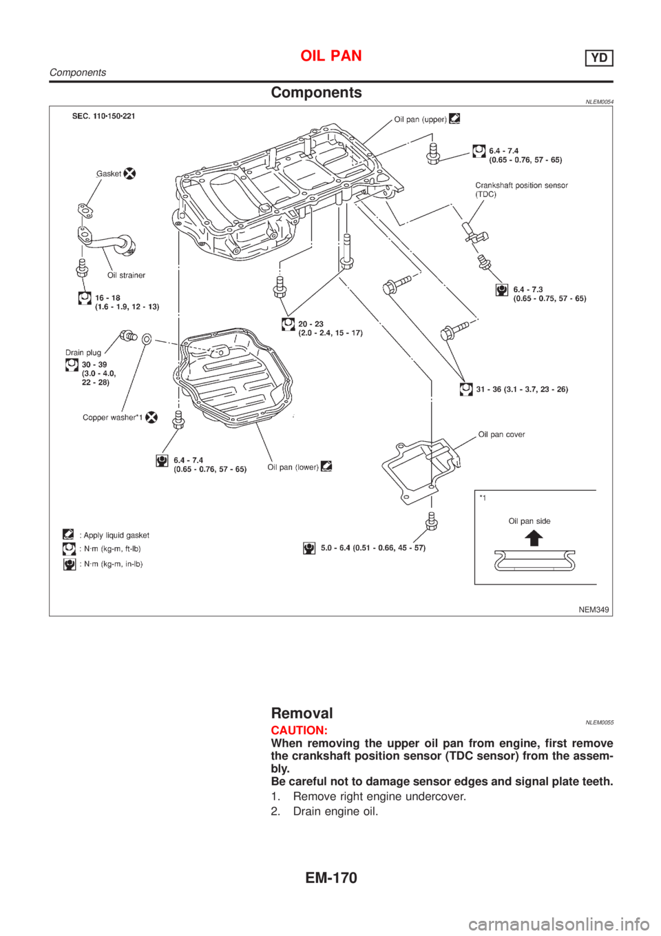 NISSAN ALMERA TINO 2001  Service Repair Manual ComponentsNLEM0054
NEM349
RemovalNLEM0055CAUTION:
When removing the upper oil pan from engine, first remove
the crankshaft position sensor (TDC sensor) from the assem-
bly.
Be careful not to damage se