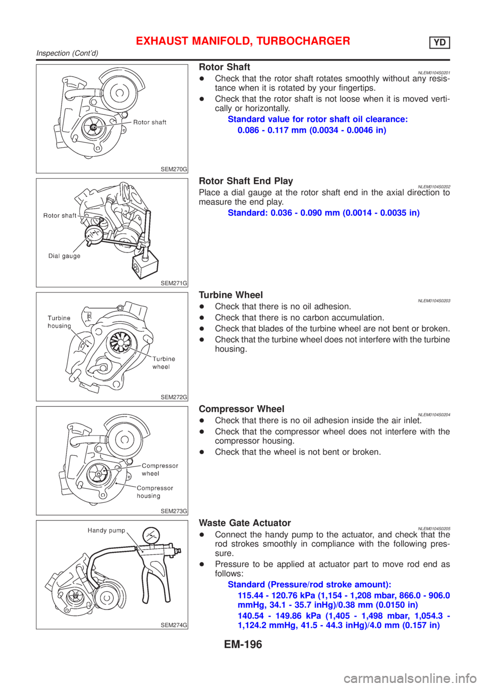 NISSAN ALMERA TINO 2001 Service Repair Manual SEM270G
Rotor ShaftNLEM0104S0201+Check that the rotor shaft rotates smoothly without any resis-
tance when it is rotated by your fingertips.
+Check that the rotor shaft is not loose when it is moved v NISSAN ALMERA TINO 2001 Service Repair Manual SEM270G
Rotor ShaftNLEM0104S0201+Check that the rotor shaft rotates smoothly without any resis-
tance when it is rotated by your fingertips.
+Check that the rotor shaft is not loose when it is moved v