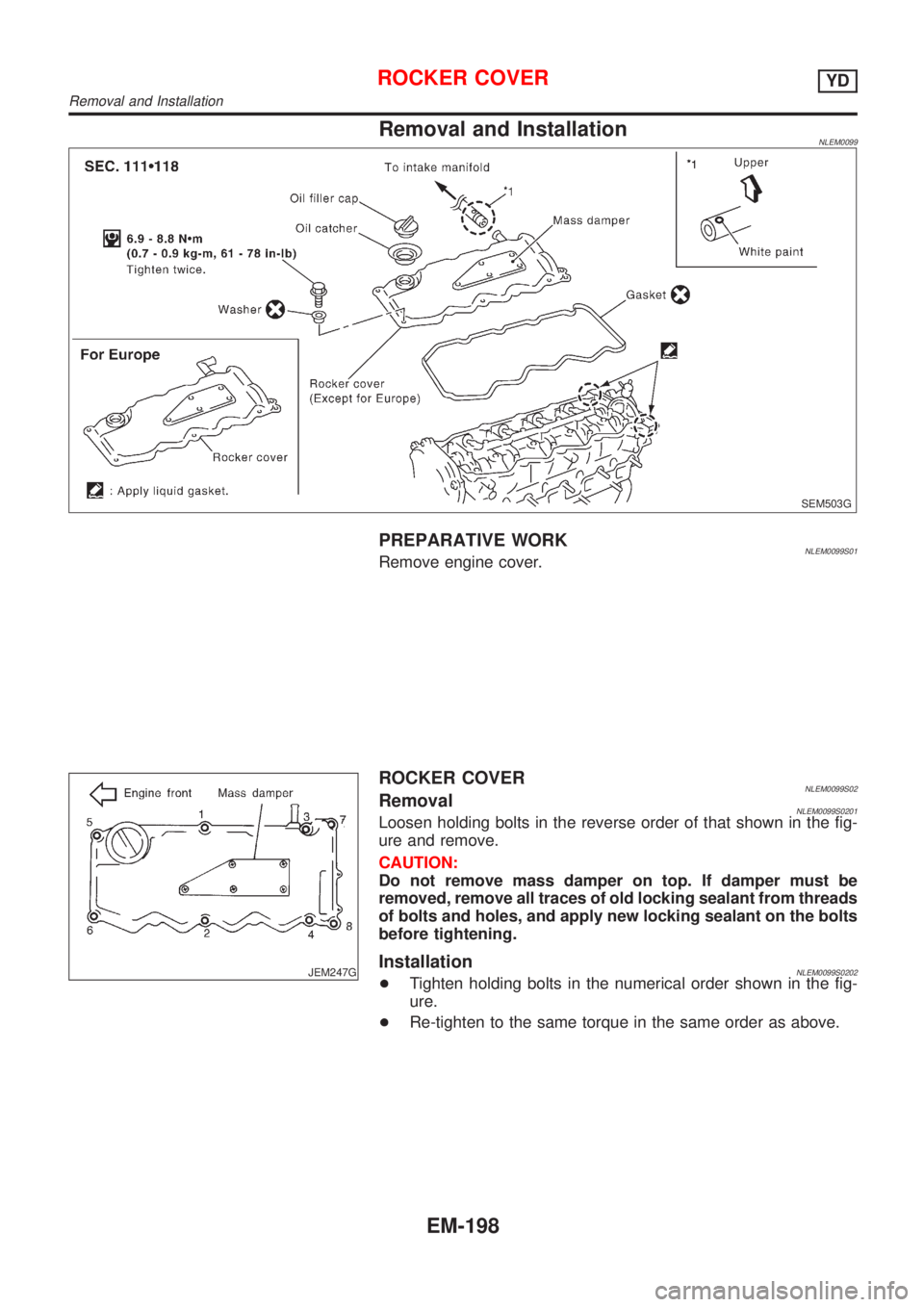 NISSAN ALMERA TINO 2001 Service Repair Manual Removal and InstallationNLEM0099
SEM503G
PREPARATIVE WORKNLEM0099S01Remove engine cover.
JEM247G
ROCKER COVERNLEM0099S02RemovalNLEM0099S0201Loosen holding bolts in the reverse order of that shown in t NISSAN ALMERA TINO 2001 Service Repair Manual Removal and InstallationNLEM0099
SEM503G
PREPARATIVE WORKNLEM0099S01Remove engine cover.
JEM247G
ROCKER COVERNLEM0099S02RemovalNLEM0099S0201Loosen holding bolts in the reverse order of that shown in t