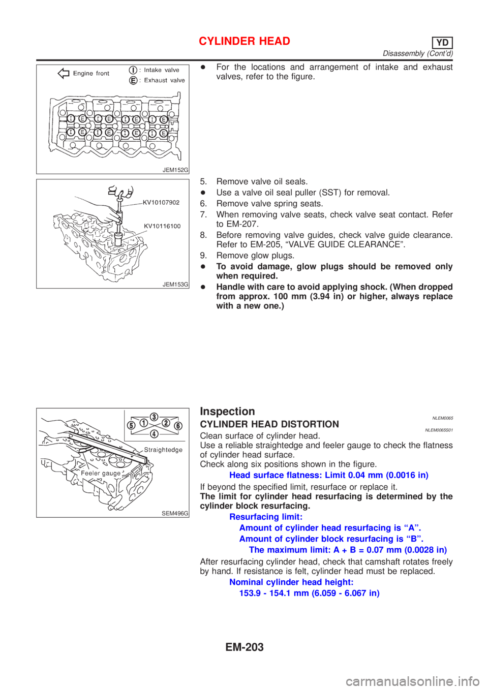 NISSAN ALMERA TINO 2001 Service Repair Manual JEM152G
+For the locations and arrangement of intake and exhaust
valves, refer to the figure.
JEM153G
5. Remove valve oil seals.
+Use a valve oil seal puller (SST) for removal.
6. Remove valve spring NISSAN ALMERA TINO 2001 Service Repair Manual JEM152G
+For the locations and arrangement of intake and exhaust
valves, refer to the figure.
JEM153G
5. Remove valve oil seals.
+Use a valve oil seal puller (SST) for removal.
6. Remove valve spring