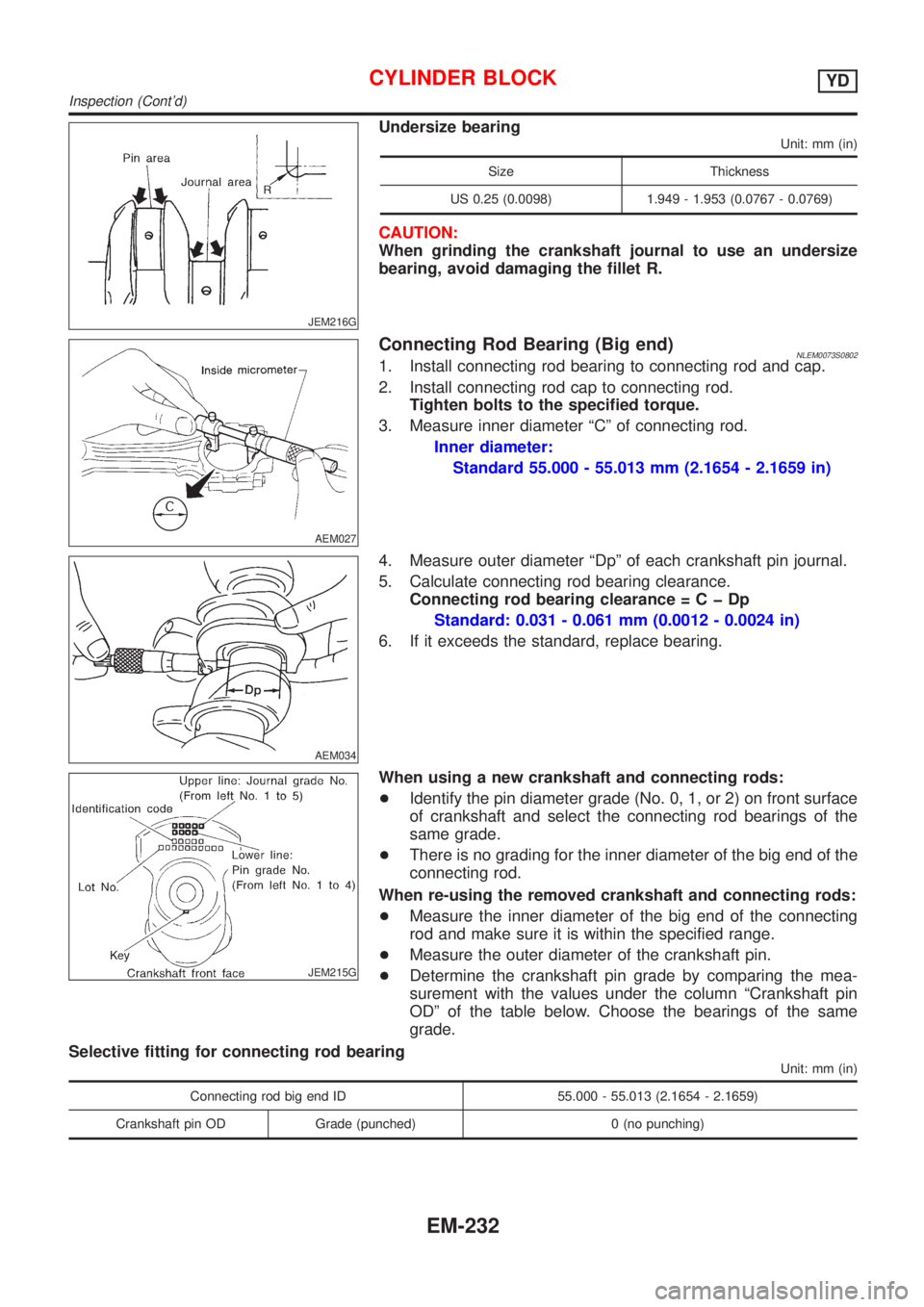 NISSAN ALMERA TINO 2001 Service Repair Manual JEM216G
Undersize bearing
Unit: mm (in)
Size Thickness
US 0.25 (0.0098) 1.949 - 1.953 (0.0767 - 0.0769)
CAUTION:
When grinding the crankshaft journal to use an undersize
bearing, avoid damaging the fi NISSAN ALMERA TINO 2001 Service Repair Manual JEM216G
Undersize bearing
Unit: mm (in)
Size Thickness
US 0.25 (0.0098) 1.949 - 1.953 (0.0767 - 0.0769)
CAUTION:
When grinding the crankshaft journal to use an undersize
bearing, avoid damaging the fi