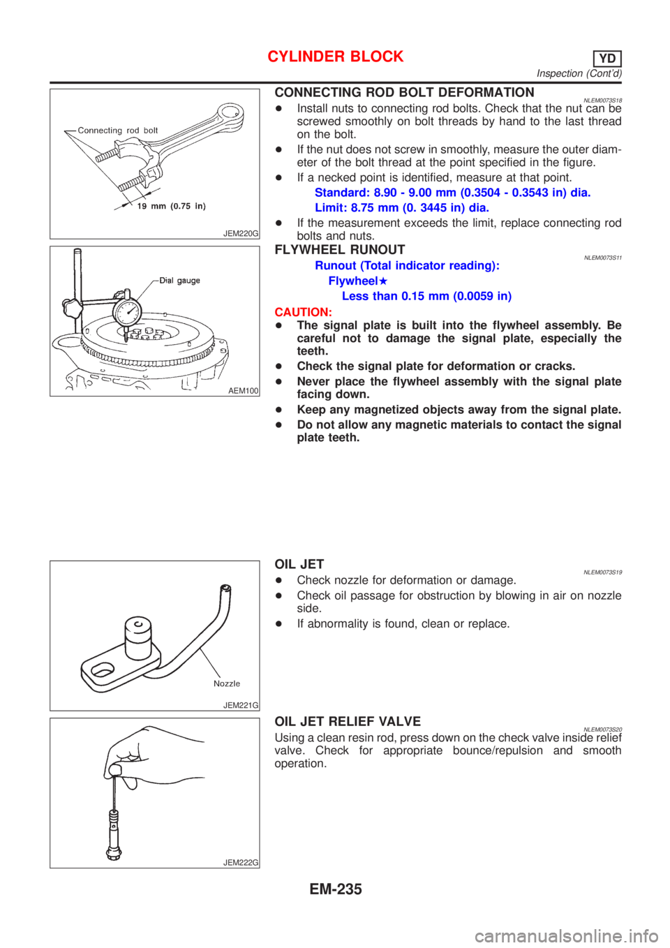 NISSAN ALMERA TINO 2001 Service Repair Manual JEM220G
CONNECTING ROD BOLT DEFORMATIONNLEM0073S18+Install nuts to connecting rod bolts. Check that the nut can be
screwed smoothly on bolt threads by hand to the last thread
on the bolt.
+If the nut NISSAN ALMERA TINO 2001 Service Repair Manual JEM220G
CONNECTING ROD BOLT DEFORMATIONNLEM0073S18+Install nuts to connecting rod bolts. Check that the nut can be
screwed smoothly on bolt threads by hand to the last thread
on the bolt.
+If the nut