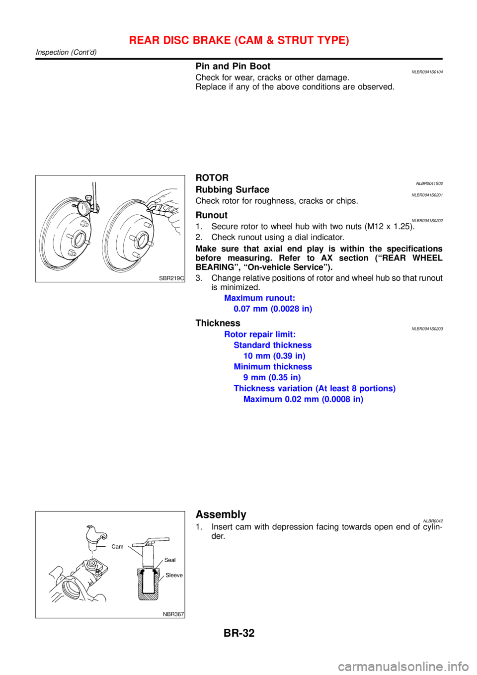 NISSAN ALMERA TINO 2001 Service Repair Manual Pin and Pin BootNLBR0041S0104Check for wear, cracks or other damage.
Replace if any of the above conditions are observed.
SBR219C
ROTORNLBR0041S02Rubbing SurfaceNLBR0041S0201Check rotor for roughness, NISSAN ALMERA TINO 2001 Service Repair Manual Pin and Pin BootNLBR0041S0104Check for wear, cracks or other damage.
Replace if any of the above conditions are observed.
SBR219C
ROTORNLBR0041S02Rubbing SurfaceNLBR0041S0201Check rotor for roughness,