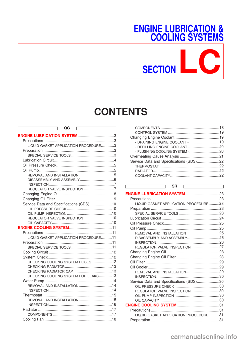NISSAN ALMERA TINO 2001 Service Repair Manual ENGINE LUBRICATION &
COOLING SYSTEMS
SECTION
LC
CONTENTS
QG
ENGINE LUBRICATION SYSTEM..................................3
Precautions ..................................................................3 NISSAN ALMERA TINO 2001 Service Repair Manual ENGINE LUBRICATION &
COOLING SYSTEMS
SECTION
LC
CONTENTS
QG
ENGINE LUBRICATION SYSTEM..................................3
Precautions ..................................................................3