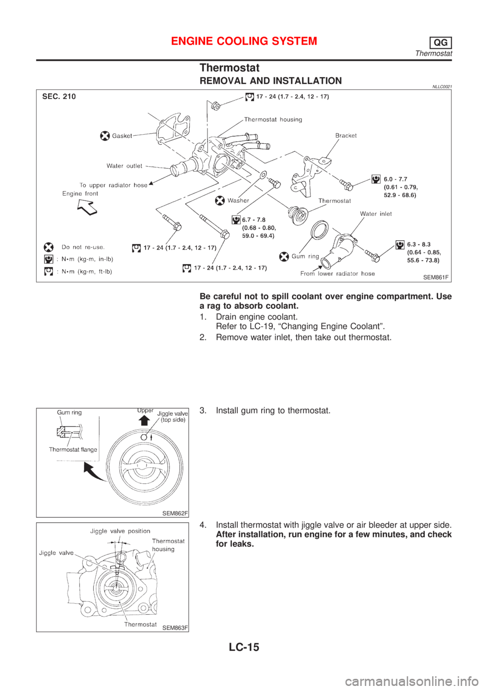 NISSAN ALMERA TINO 2001  Service Repair Manual Thermostat
REMOVAL AND INSTALLATIONNLLC0021
SEM861F
Be careful not to spill coolant over engine compartment. Use
a rag to absorb coolant.
1. Drain engine coolant.
Refer to LC-19, ªChanging Engine Coo