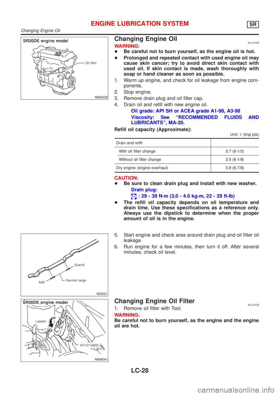 NISSAN ALMERA TINO 2001  Service Repair Manual NMA039
Changing Engine OilNLLC0125WARNING:
+Be careful not to burn yourself, as the engine oil is hot.
+Prolonged and repeated contact with used engine oil may
cause skin cancer; try to avoid direct s