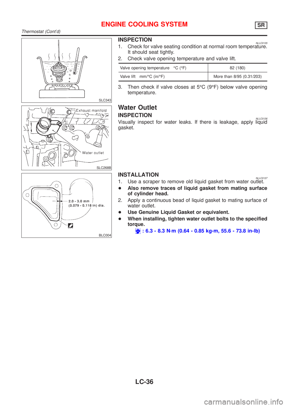 NISSAN ALMERA TINO 2001  Service Repair Manual SLC343
INSPECTIONNLLC01351. Check for valve seating condition at normal room temperature.
It should seat tightly.
2. Check valve opening temperature and valve lift.
Valve opening temperature ÉC (ÉF)