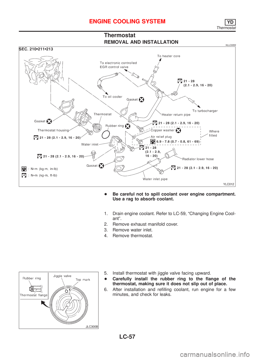 NISSAN ALMERA TINO 2001  Service Repair Manual Thermostat
REMOVAL AND INSTALLATIONNLLC0059
YLC012
+Be careful not to spill coolant over engine compartment.
Use a rag to absorb coolant.
1. Drain engine coolant. Refer to LC-59, ªChanging Engine Coo