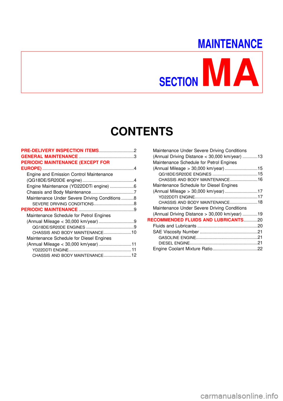 NISSAN ALMERA TINO 2001 Service Repair Manual MAINTENANCE
SECTION
MA
CONTENTS
PRE-DELIVERY INSPECTION ITEMS............................2
GENERAL MAINTENANCE............................................3
PERIODIC MAINTENANCE (EXCEPT FOR
EUROPE).... NISSAN ALMERA TINO 2001 Service Repair Manual MAINTENANCE
SECTION
MA
CONTENTS
PRE-DELIVERY INSPECTION ITEMS............................2
GENERAL MAINTENANCE............................................3
PERIODIC MAINTENANCE (EXCEPT FOR
EUROPE)....