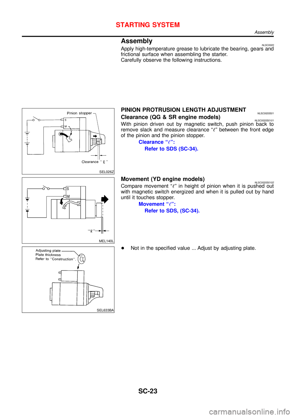 NISSAN ALMERA TINO 2001  Service Repair Manual AssemblyNLSC0020Apply high-temperature grease to lubricate the bearing, gears and
frictional surface when assembling the starter.
Carefully observe the following instructions.
SEL026Z
PINION PROTRUSIO