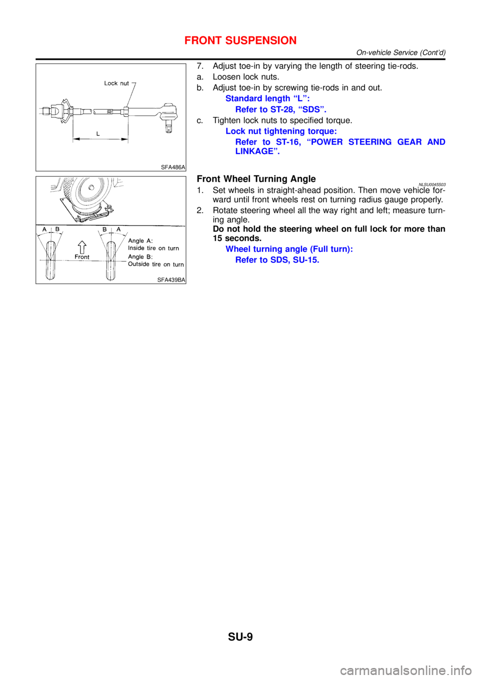NISSAN ALMERA TINO 2001 Service Repair Manual SFA486A
7. Adjust toe-in by varying the length of steering tie-rods.
a. Loosen lock nuts.
b. Adjust toe-in by screwing tie-rods in and out.
Standard length“L”:
Refer to ST-28,“SDS”.
c. Tighten NISSAN ALMERA TINO 2001 Service Repair Manual SFA486A
7. Adjust toe-in by varying the length of steering tie-rods.
a. Loosen lock nuts.
b. Adjust toe-in by screwing tie-rods in and out.
Standard length“L”:
Refer to ST-28,“SDS”.
c. Tighten