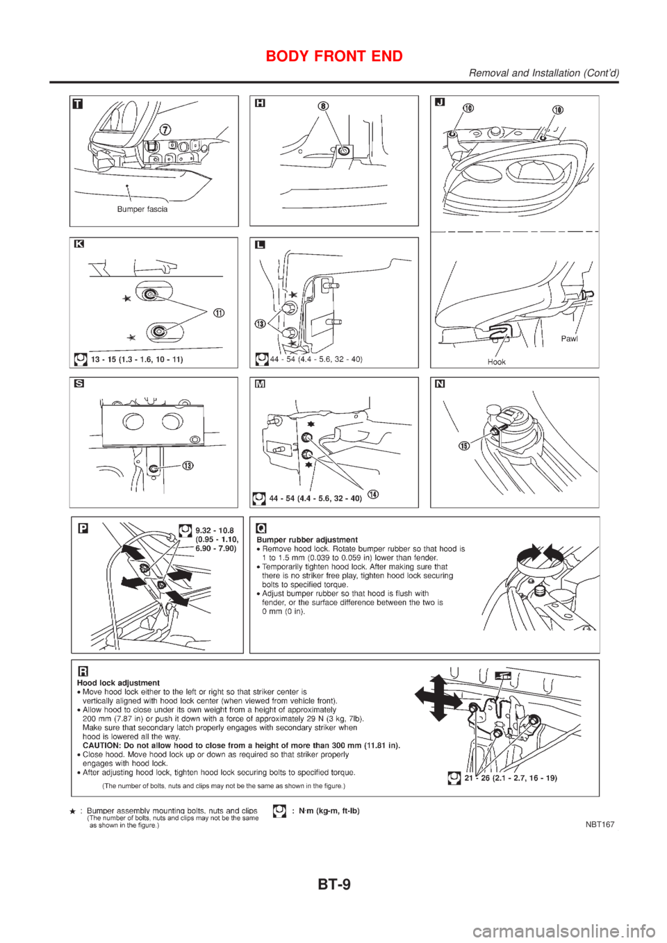 NISSAN ALMERA TINO 2001 Service Repair Manual NBT167
BODY FRONT END
Removal and Installation (Contd)
BT-9 NISSAN ALMERA TINO 2001 Service Repair Manual NBT167
BODY FRONT END
Removal and Installation (Contd)
BT-9