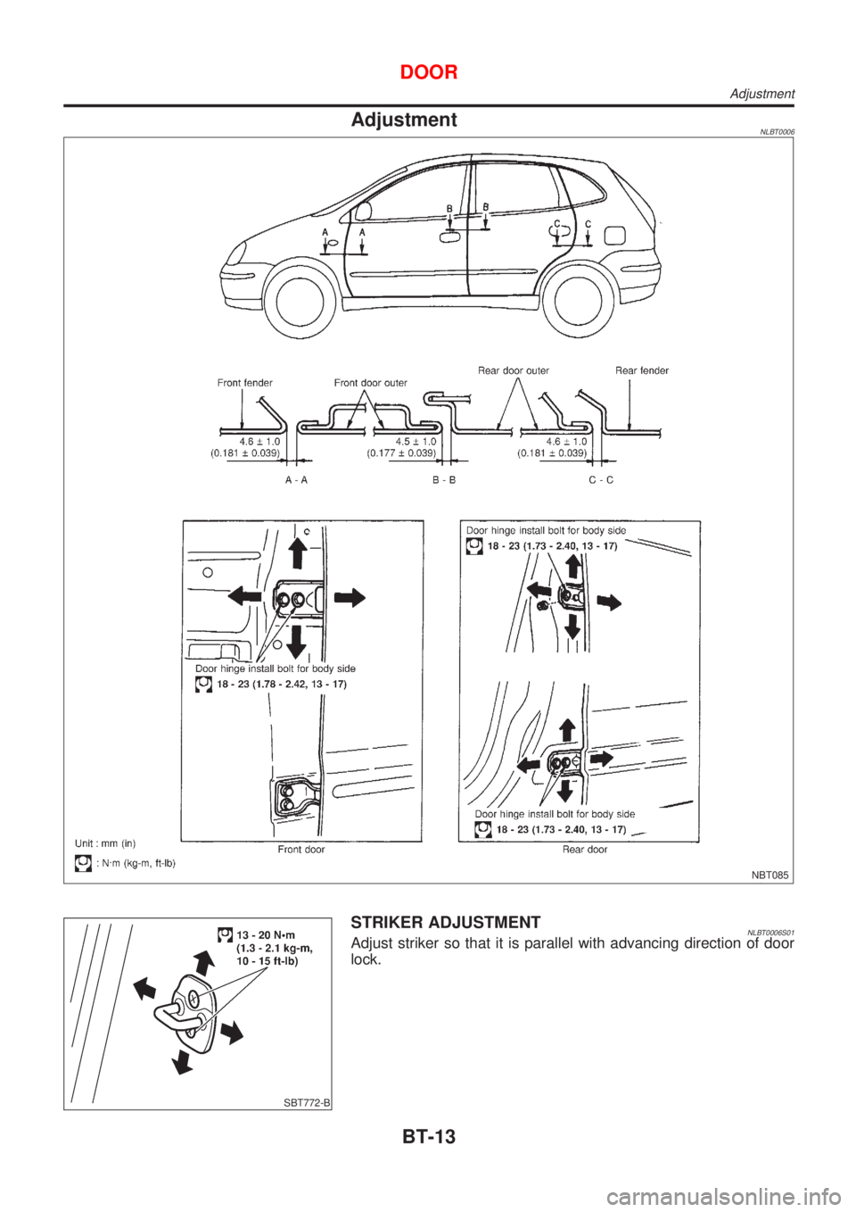 NISSAN ALMERA TINO 2001  Service Repair Manual AdjustmentNLBT0006
NBT085
SBT772-B
STRIKER ADJUSTMENTNLBT0006S01Adjust striker so that it is parallel with advancing direction of door
lock.
DOOR
Adjustment
BT-13 