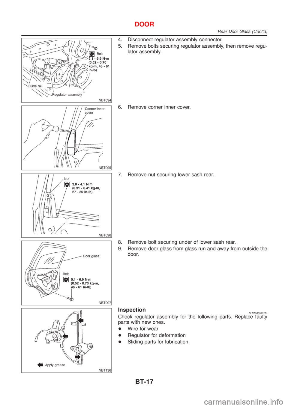 NISSAN ALMERA TINO 2001  Service Repair Manual NBT094
4. Disconnect regulator assembly connector.
5. Remove bolts securing regulator assembly, then remove regu-
lator assembly.
NBT095
6. Remove corner inner cover.
NBT096
7. Remove nut securing low