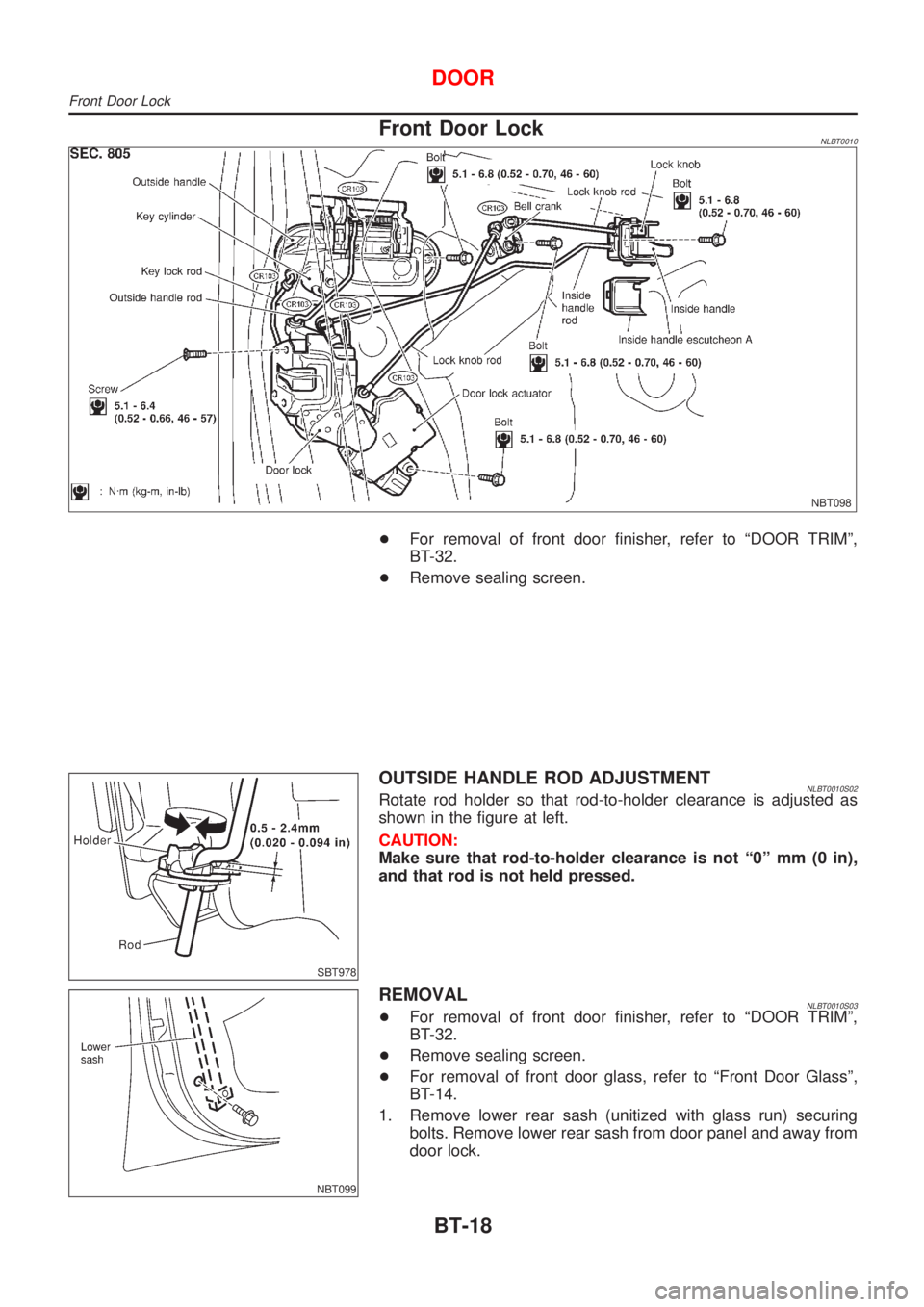 NISSAN ALMERA TINO 2001  Service Repair Manual Front Door LockNLBT0010
NBT098
+For removal of front door finisher, refer to ªDOOR TRIMº,
BT-32.
+Remove sealing screen.
SBT978
OUTSIDE HANDLE ROD ADJUSTMENTNLBT0010S02Rotate rod holder so that rod-