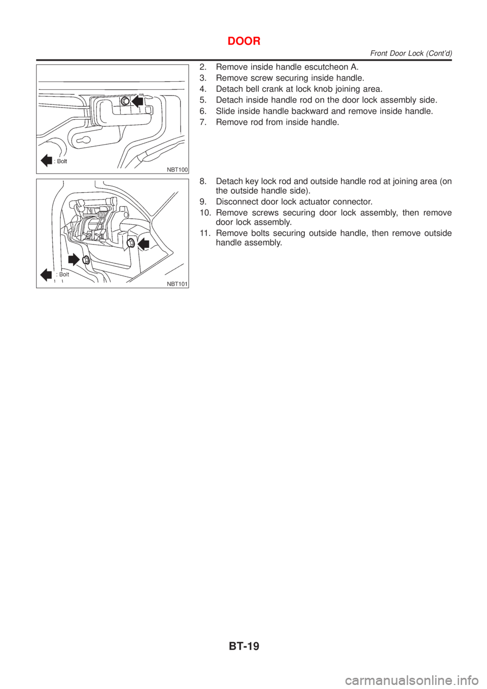 NISSAN ALMERA TINO 2001  Service Repair Manual NBT100
2. Remove inside handle escutcheon A.
3. Remove screw securing inside handle.
4. Detach bell crank at lock knob joining area.
5. Detach inside handle rod on the door lock assembly side.
6. Slid