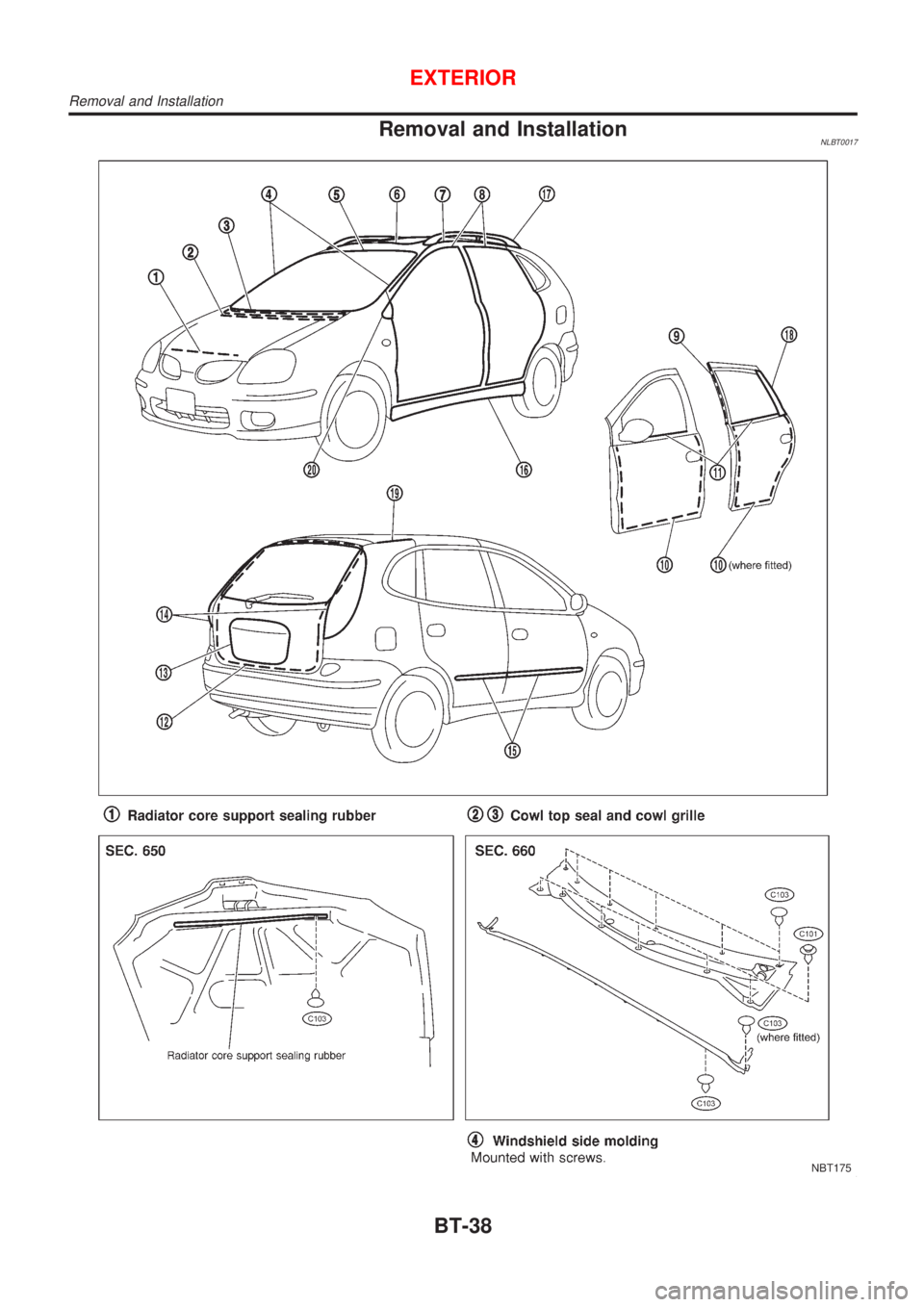 NISSAN ALMERA TINO 2001 Service Repair Manual Removal and InstallationNLBT0017
NBT175
EXTERIOR
Removal and Installation
BT-38 NISSAN ALMERA TINO 2001 Service Repair Manual Removal and InstallationNLBT0017
NBT175
EXTERIOR
Removal and Installation
BT-38