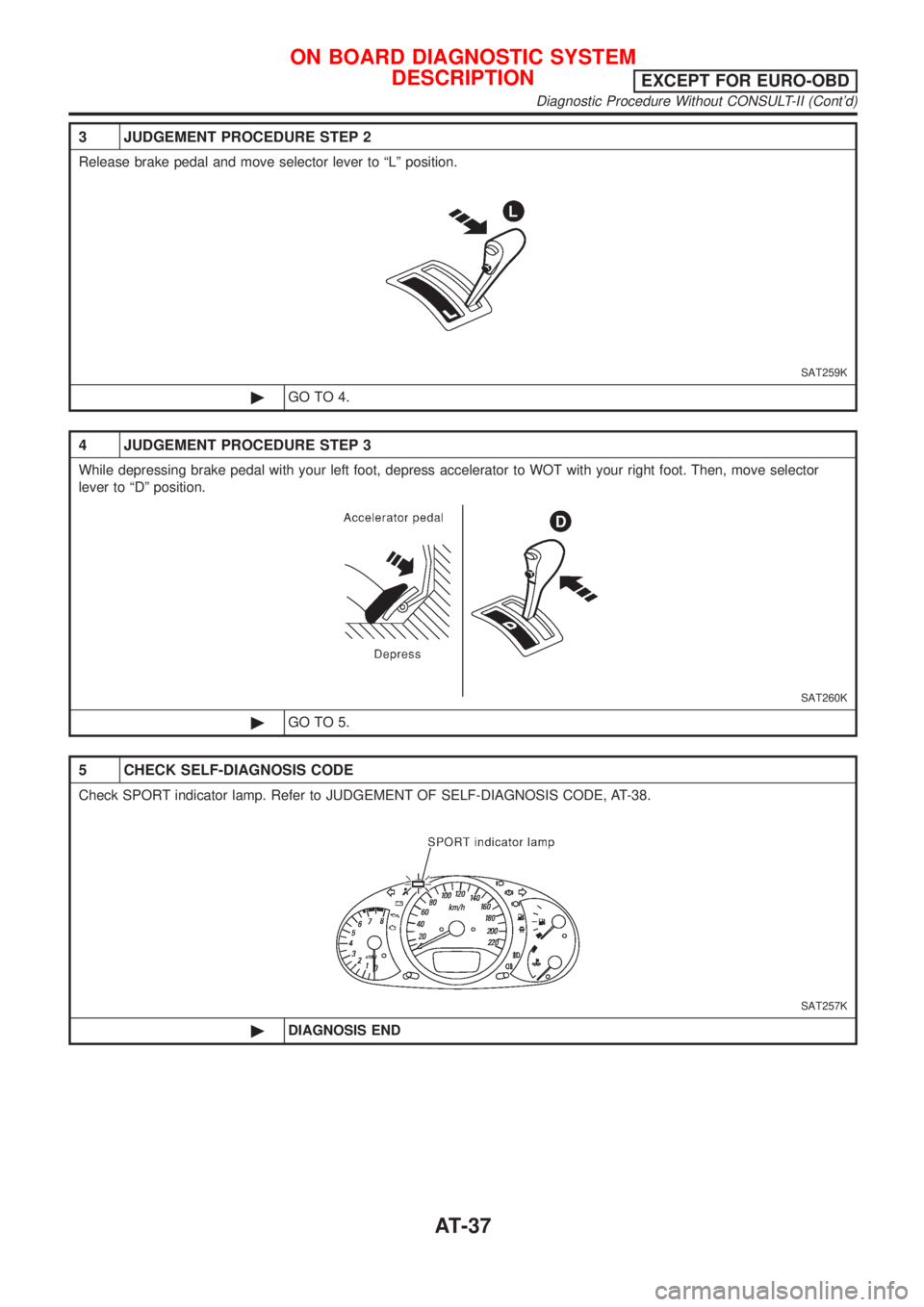 NISSAN ALMERA TINO 2001 Service Owners Guide 3 JUDGEMENT PROCEDURE STEP 2
Release brake pedal and move selector lever to ªLº position.
SAT259K
©GO TO 4.
4 JUDGEMENT PROCEDURE STEP 3
While depressing brake pedal with your left foot, depress ac NISSAN ALMERA TINO 2001 Service Owners Guide 3 JUDGEMENT PROCEDURE STEP 2
Release brake pedal and move selector lever to ªLº position.
SAT259K
©GO TO 4.
4 JUDGEMENT PROCEDURE STEP 3
While depressing brake pedal with your left foot, depress ac