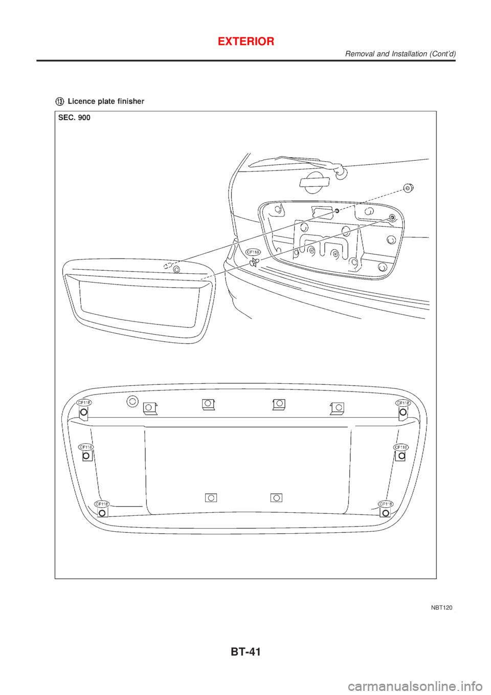 NISSAN ALMERA TINO 2001  Service Repair Manual NBT120
EXTERIOR
Removal and Installation (Contd)
BT-41 