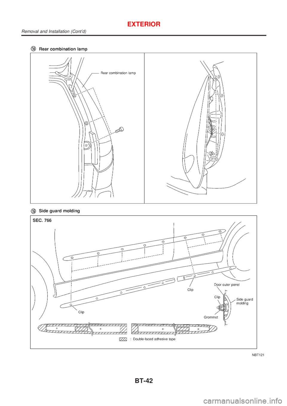 NISSAN ALMERA TINO 2001  Service Repair Manual NBT121
EXTERIOR
Removal and Installation (Contd)
BT-42 