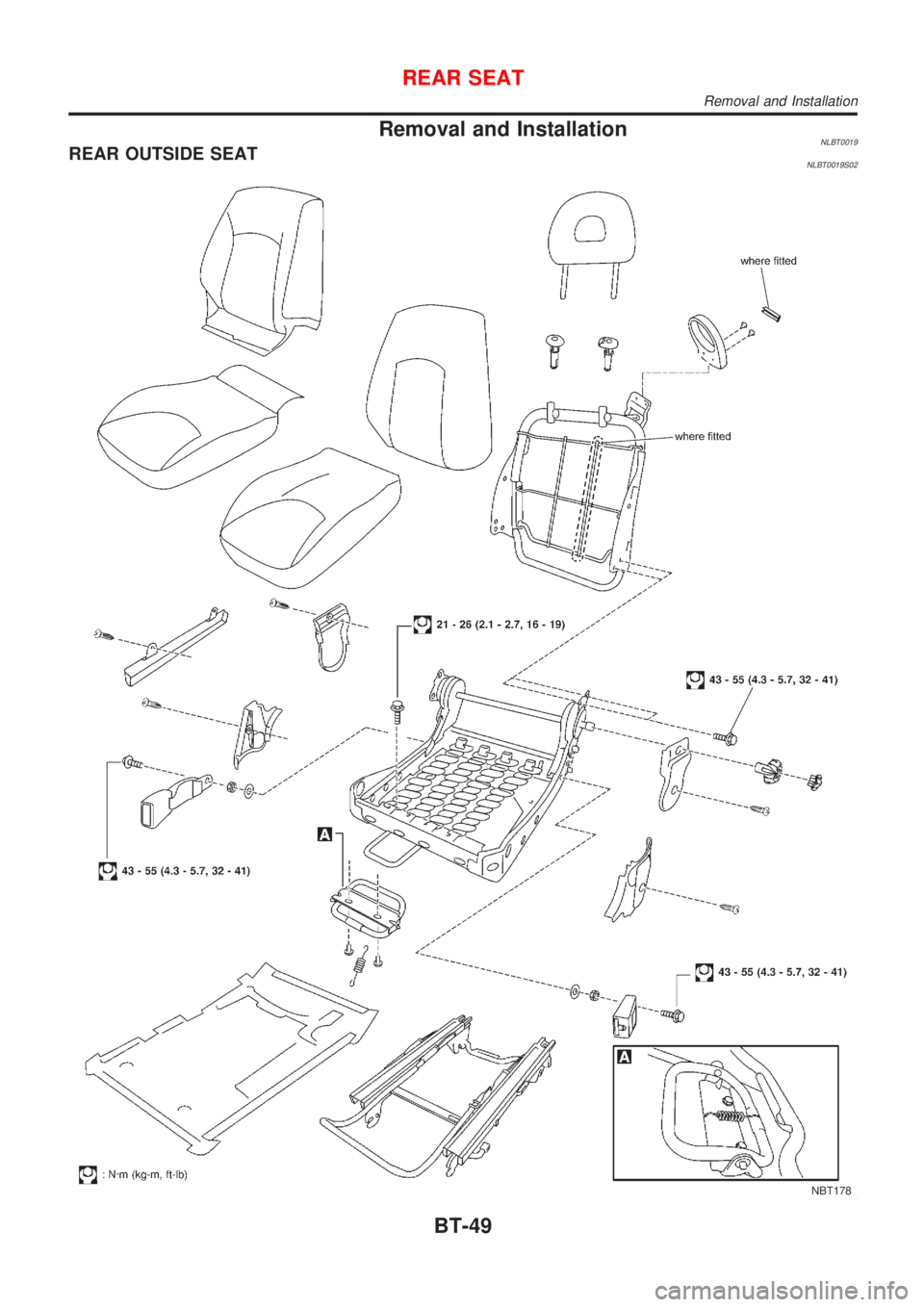 NISSAN ALMERA TINO 2001  Service Repair Manual Removal and InstallationNLBT0019REAR OUTSIDE SEATNLBT0019S02
NBT178
REAR SEAT
Removal and Installation
BT-49 