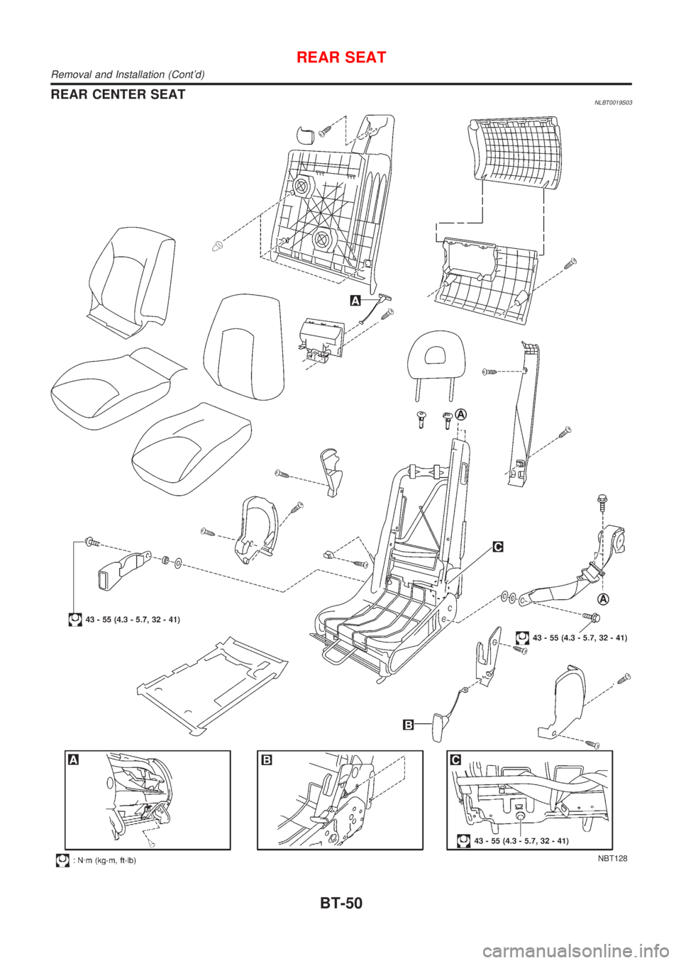 NISSAN ALMERA TINO 2001  Service Repair Manual REAR CENTER SEATNLBT0019S03
NBT128
REAR SEAT
Removal and Installation (Contd)
BT-50 