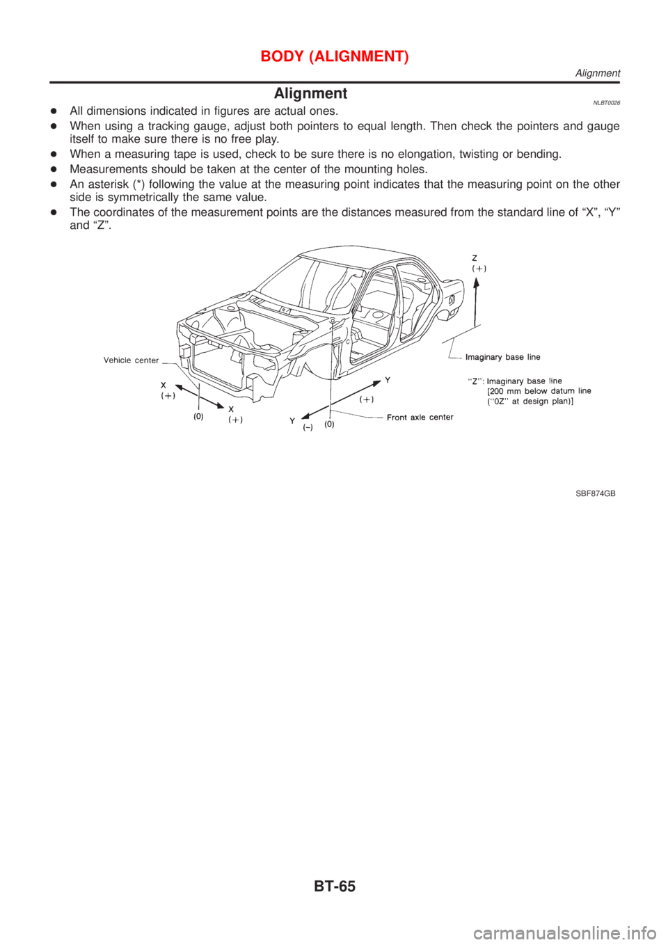 NISSAN ALMERA TINO 2001  Service Repair Manual AlignmentNLBT0026+All dimensions indicated in figures are actual ones.
+When using a tracking gauge, adjust both pointers to equal length. Then check the pointers and gauge
itself to make sure there i