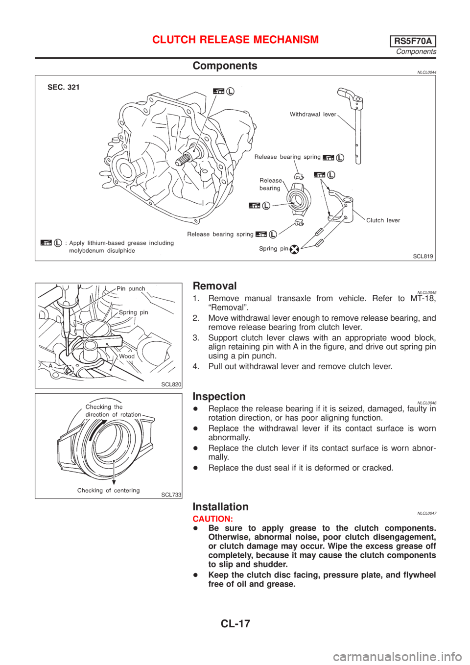 NISSAN ALMERA TINO 2001 Service Repair Manual ComponentsNLCL0044
SCL819
SCL820
RemovalNLCL00451. Remove manual transaxle from vehicle. Refer to MT-18,
ªRemovalº.
2. Move withdrawal lever enough to remove release bearing, and
remove release bear NISSAN ALMERA TINO 2001 Service Repair Manual ComponentsNLCL0044
SCL819
SCL820
RemovalNLCL00451. Remove manual transaxle from vehicle. Refer to MT-18,
ªRemovalº.
2. Move withdrawal lever enough to remove release bearing, and
remove release bear