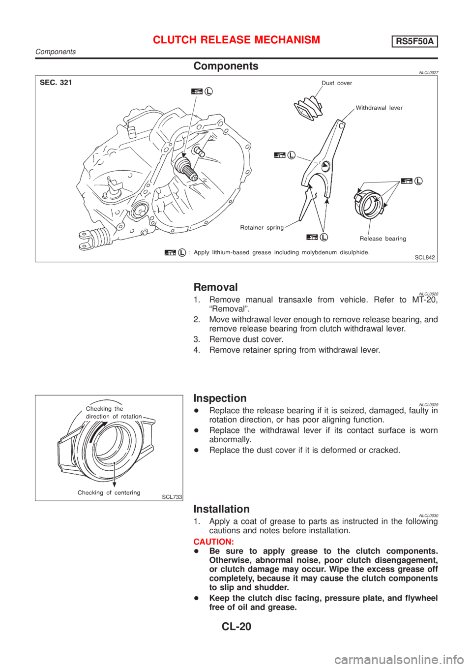 NISSAN ALMERA TINO 2001  Service Repair Manual ComponentsNLCL0027
SCL842
RemovalNLCL00281. Remove manual transaxle from vehicle. Refer to MT-20,
ªRemovalº.
2. Move withdrawal lever enough to remove release bearing, and
remove release bearing fro