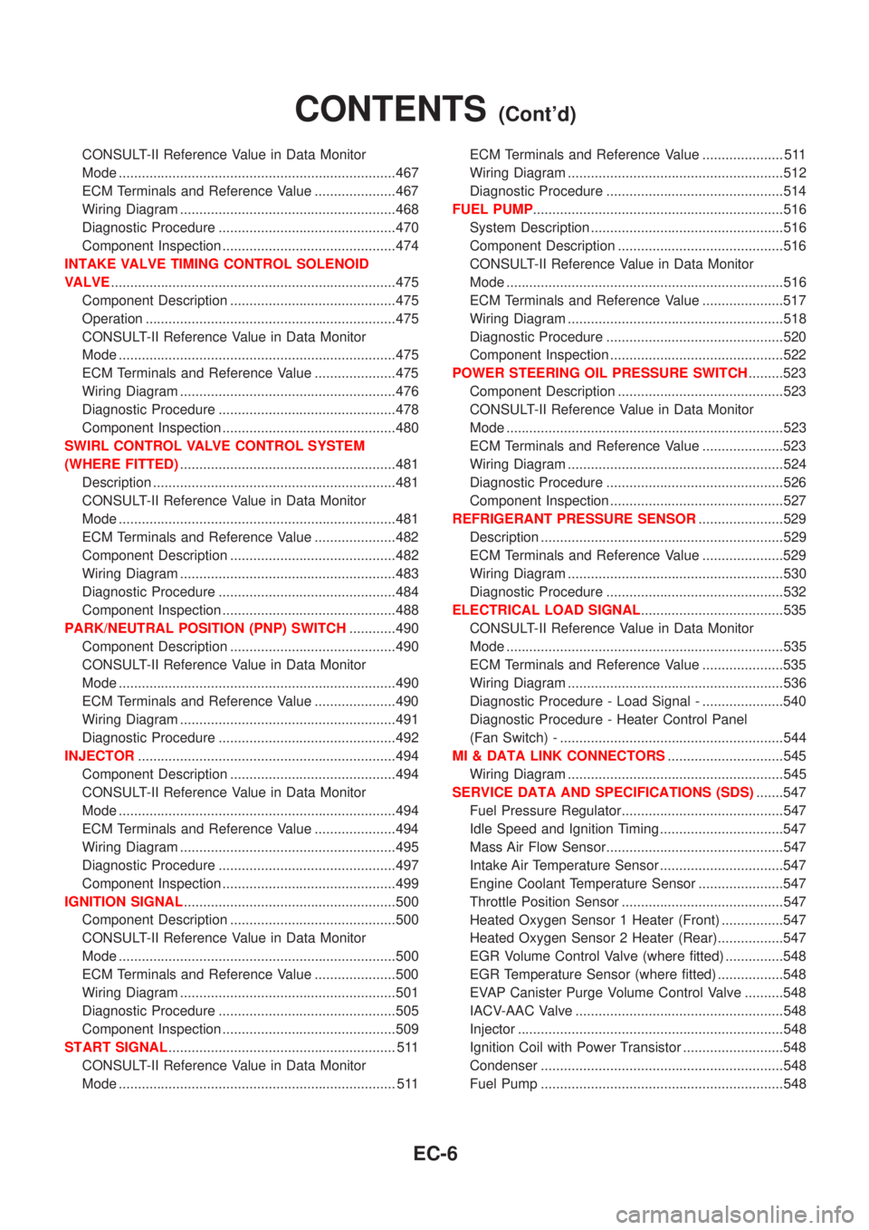 NISSAN ALMERA TINO 2001  Service Repair Manual CONSULT-II Reference Value in Data Monitor
Mode ........................................................................467
ECM Terminals and Reference Value .....................467
Wiring Diagram ..