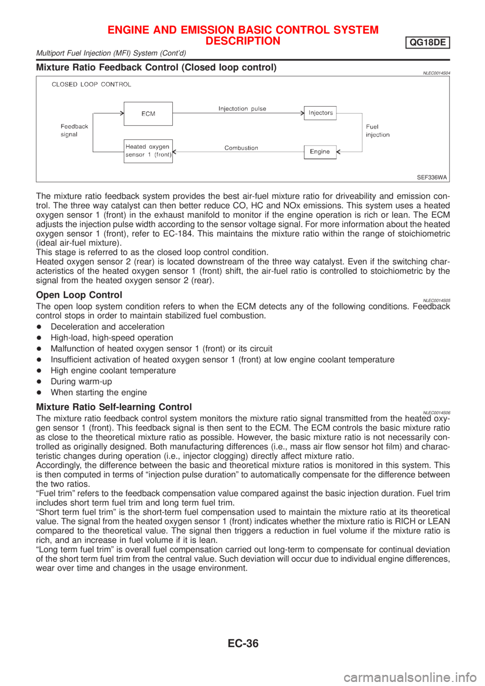 NISSAN ALMERA TINO 2001  Service Repair Manual Mixture Ratio Feedback Control (Closed loop control)NLEC0014S04
SEF336WA
The mixture ratio feedback system provides the best air-fuel mixture ratio for driveability and emission con-
trol. The three w