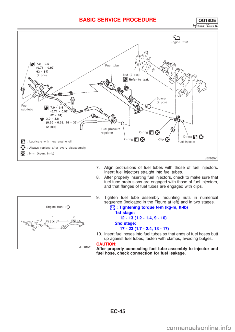 NISSAN ALMERA TINO 2001  Service Repair Manual JEF089Y
7. Align protrusions of fuel tubes with those of fuel injectors.
Insert fuel injectors straight into fuel tubes.
8. After properly inserting fuel injectors, check to make sure that
fuel tube p