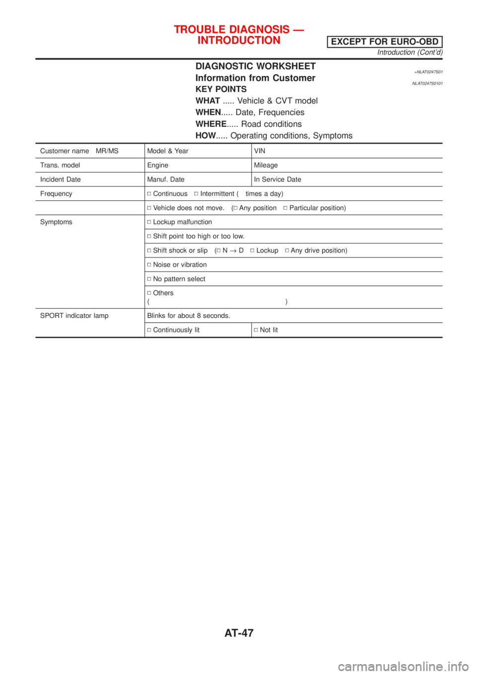 NISSAN ALMERA TINO 2001 Service Service Manual DIAGNOSTIC WORKSHEET=NLAT0247S01Information from CustomerNLAT0247S0101KEY POINTS
WHAT..... Vehicle & CVT model
WHEN..... Date, Frequencies
WHERE..... Road conditions
HOW..... Operating conditions, Sym NISSAN ALMERA TINO 2001 Service Service Manual DIAGNOSTIC WORKSHEET=NLAT0247S01Information from CustomerNLAT0247S0101KEY POINTS
WHAT..... Vehicle & CVT model
WHEN..... Date, Frequencies
WHERE..... Road conditions
HOW..... Operating conditions, Sym