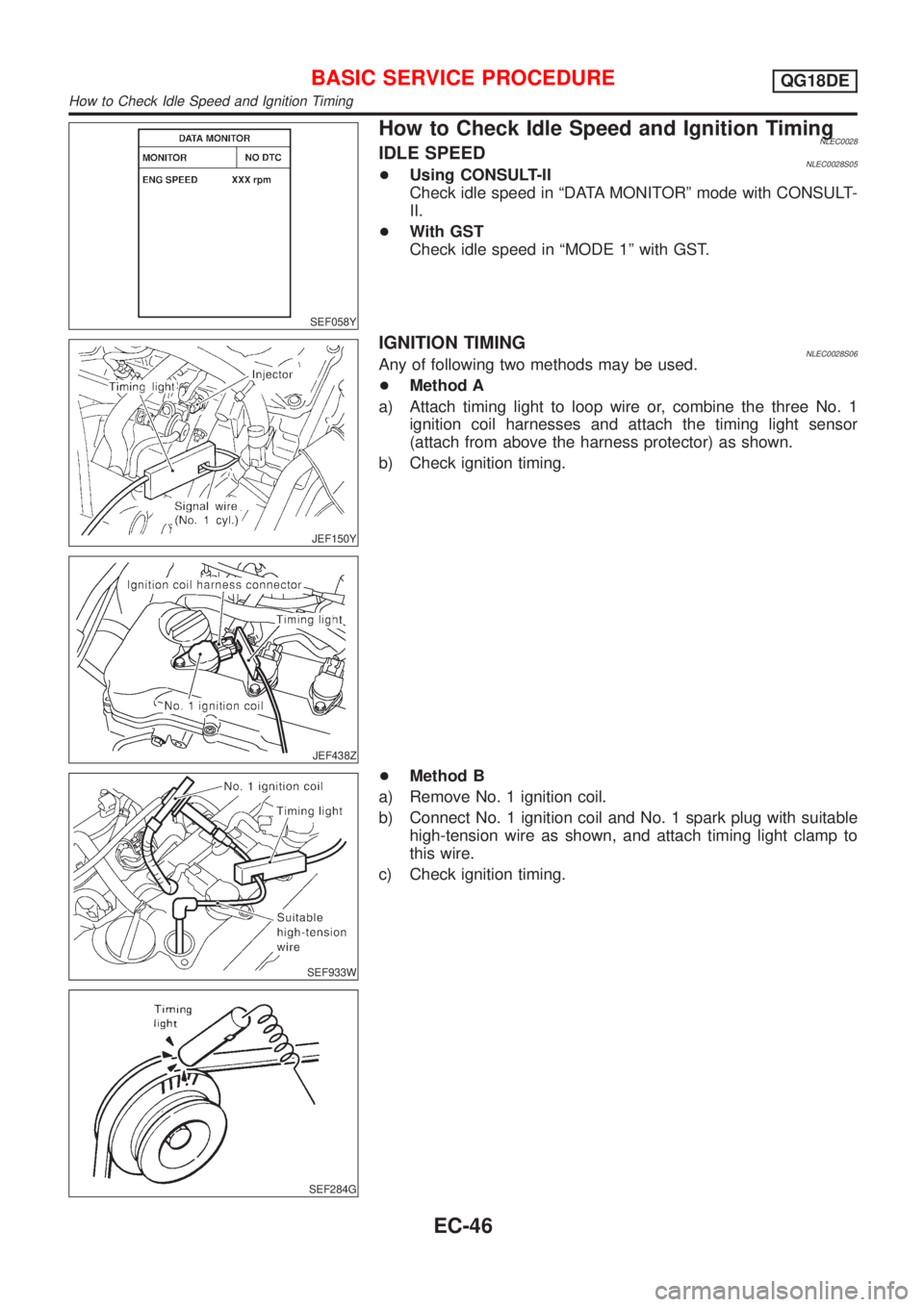 NISSAN ALMERA TINO 2001  Service Repair Manual SEF058Y
How to Check Idle Speed and Ignition TimingNLEC0028IDLE SPEEDNLEC0028S05+Using CONSULT-II
Check idle speed in ªDATA MONITORº mode with CONSULT-
II.
+With GST
Check idle speed in ªMODE 1º w