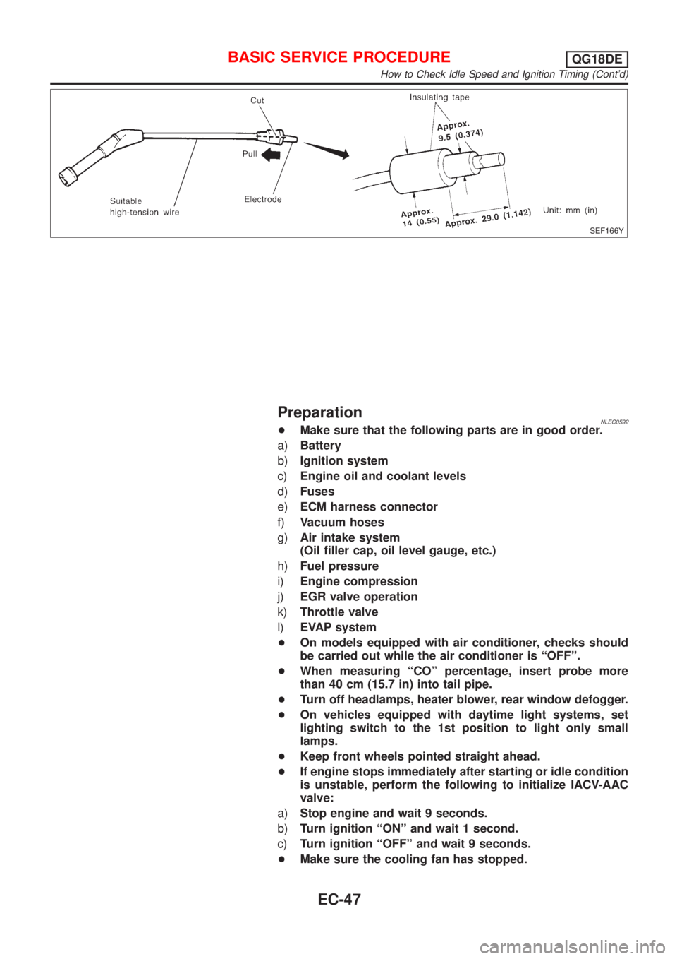 NISSAN ALMERA TINO 2001  Service Repair Manual SEF166Y
PreparationNLEC0592+Make sure that the following parts are in good order.
a)Battery
b)Ignition system
c)Engine oil and coolant levels
d)Fuses
e)ECM harness connector
f)Vacuum hoses
g)Air intak