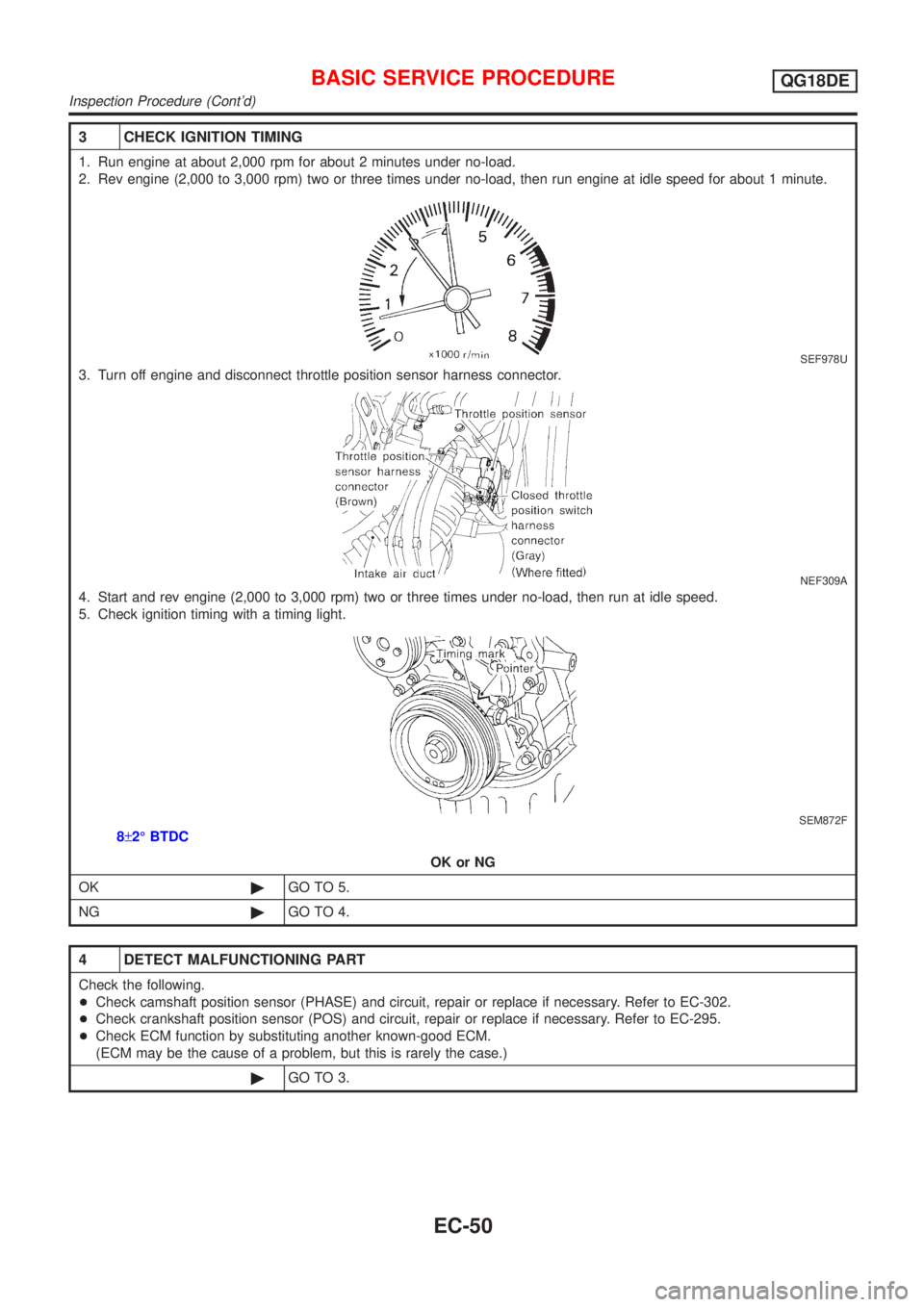 NISSAN ALMERA TINO 2001  Service Repair Manual 3 CHECK IGNITION TIMING
1. Run engine at about 2,000 rpm for about 2 minutes under no-load.
2. Rev engine (2,000 to 3,000 rpm) two or three times under no-load, then run engine at idle speed for about
