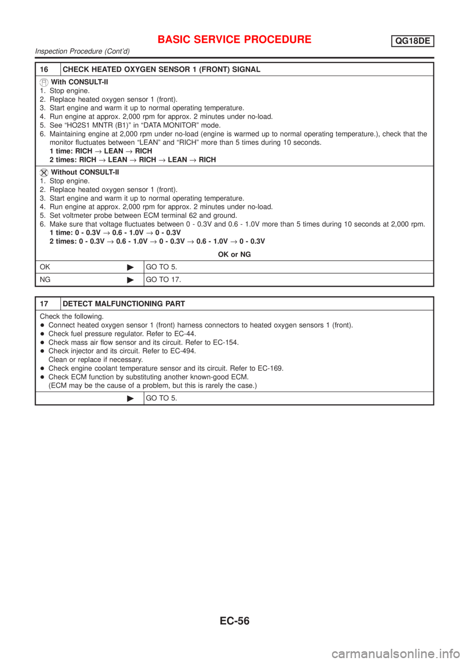 NISSAN ALMERA TINO 2001  Service Repair Manual 16 CHECK HEATED OXYGEN SENSOR 1 (FRONT) SIGNAL
With CONSULT-II
1. Stop engine.
2. Replace heated oxygen sensor 1 (front).
3. Start engine and warm it up to normal operating temperature.
4. Run engine 