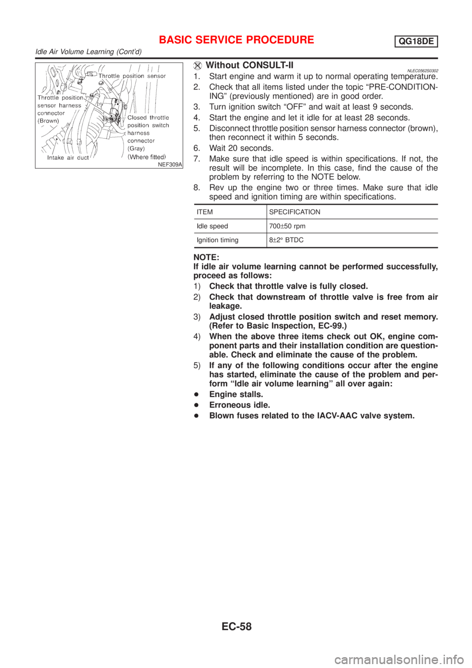 NISSAN ALMERA TINO 2001  Service Repair Manual NEF309A
Without CONSULT-IINLEC0562S03021. Start engine and warm it up to normal operating temperature.
2. Check that all items listed under the topic ªPRE-CONDITION-
INGº (previously mentioned) are 