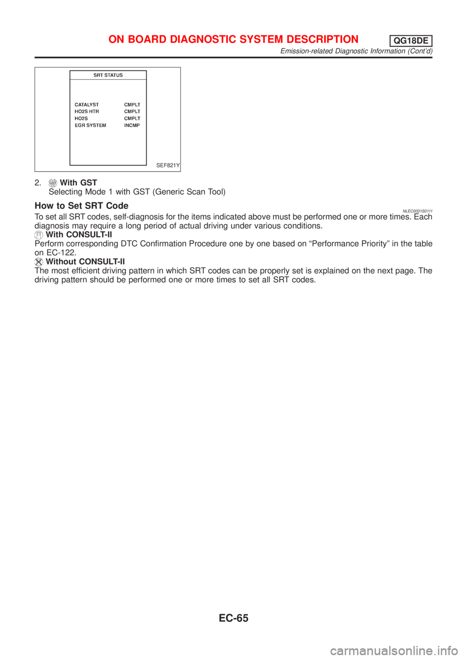 NISSAN ALMERA TINO 2001  Service Repair Manual SEF821Y
2.With GST
Selecting Mode 1 with GST (Generic Scan Tool)
How to Set SRT CodeNLEC0031S0111To set all SRT codes, self-diagnosis for the items indicated above must be performed one or more times.